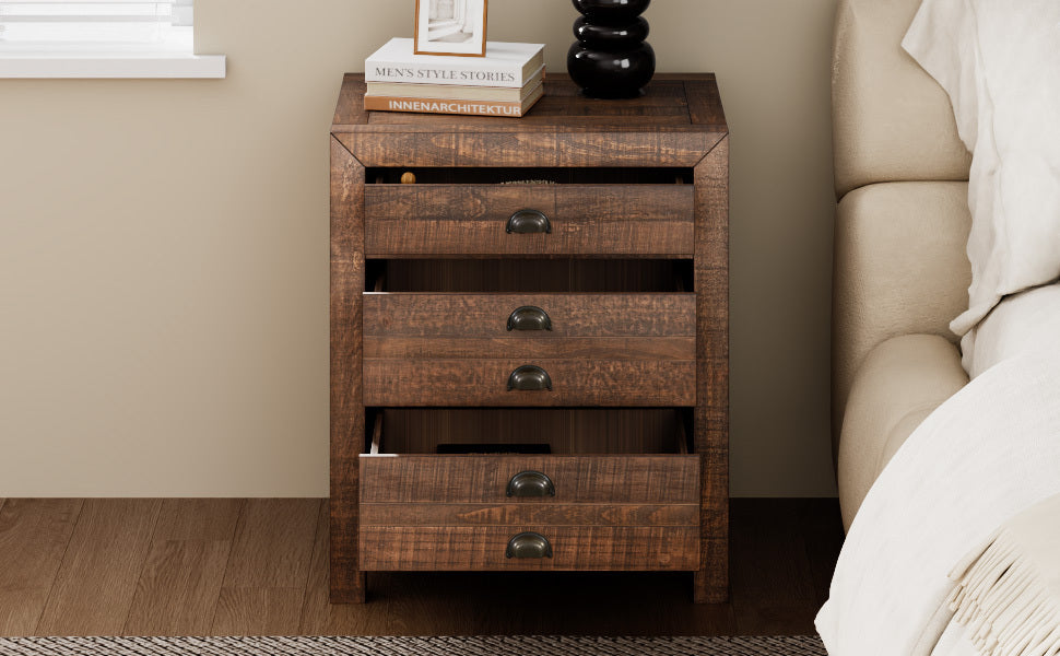 Rustic 3-Drawer Pine Wood Nightstand