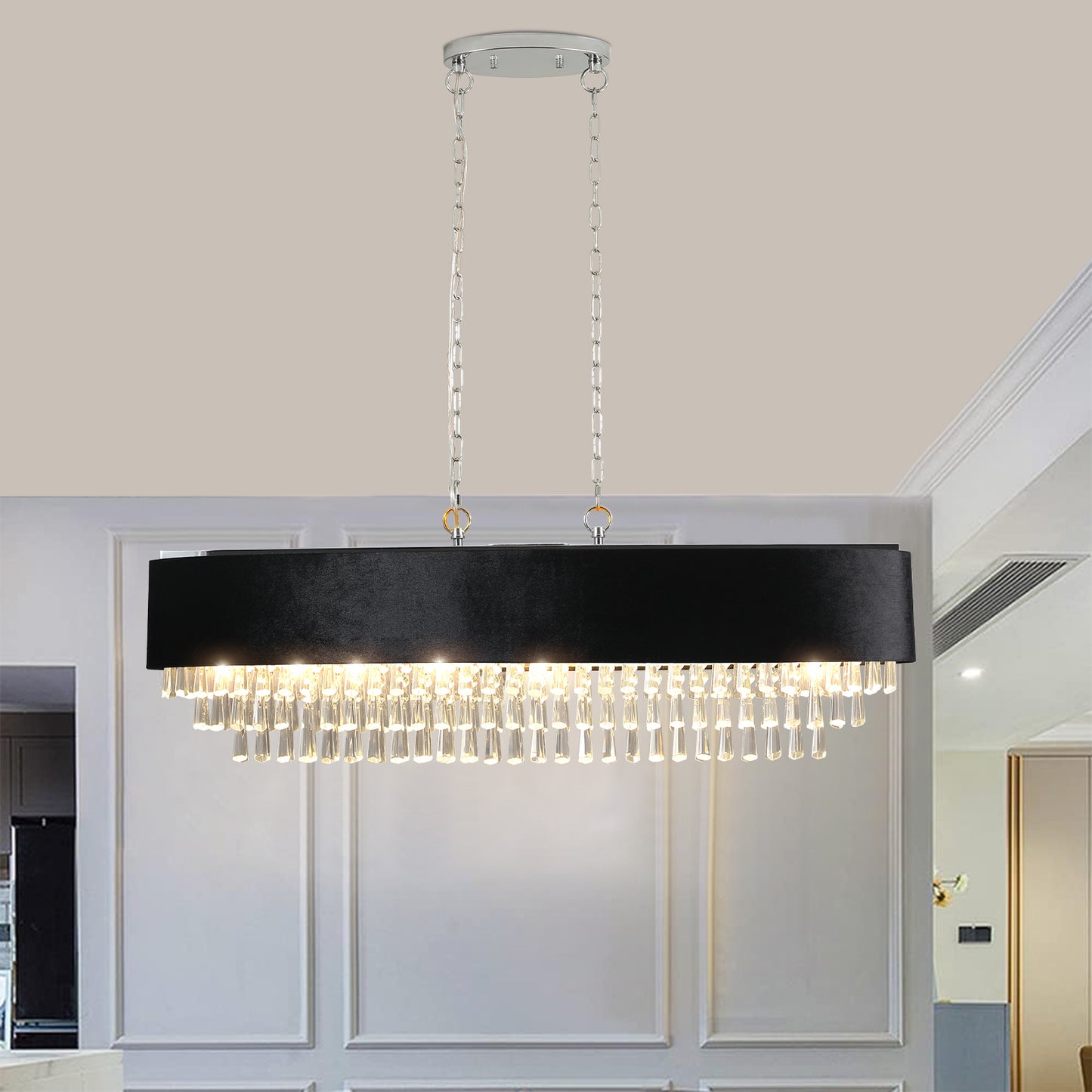 Modern Black Oblong Crystal Chandelier