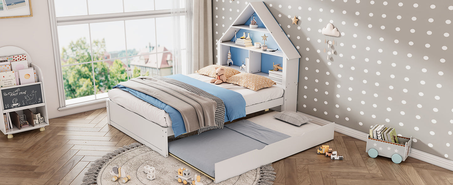 White & Blue House-Shaped Twin Bed with Bookcase Headboard