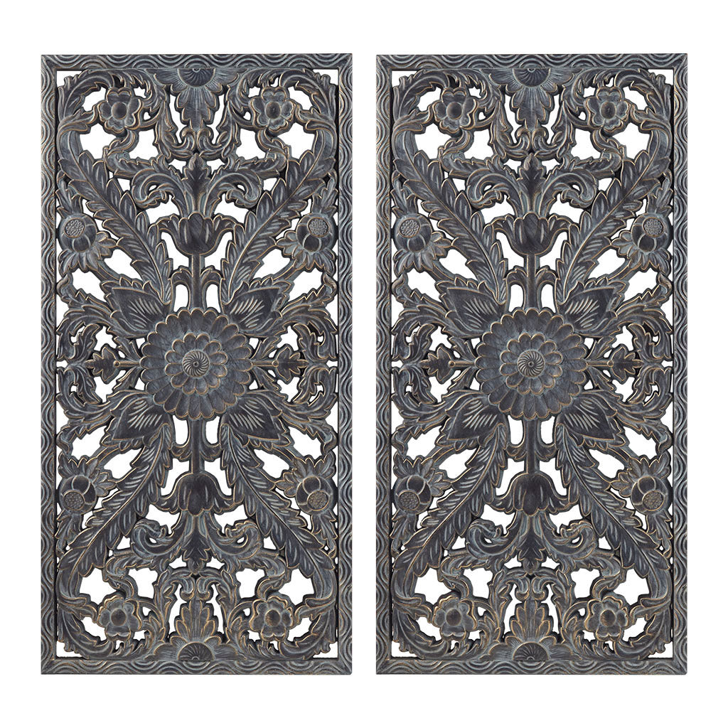 Grey and Slate Blue Distressed Carved Wood 2-piece Wall Decor Set