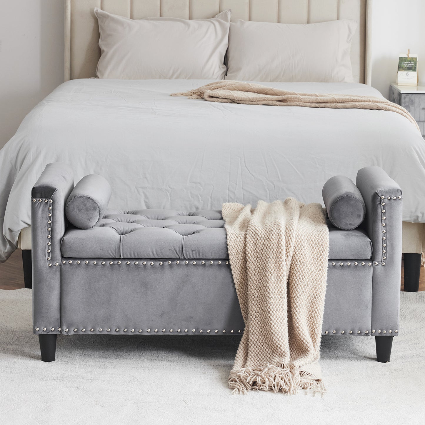 Gray Velvet Button Tufted Storage Bench