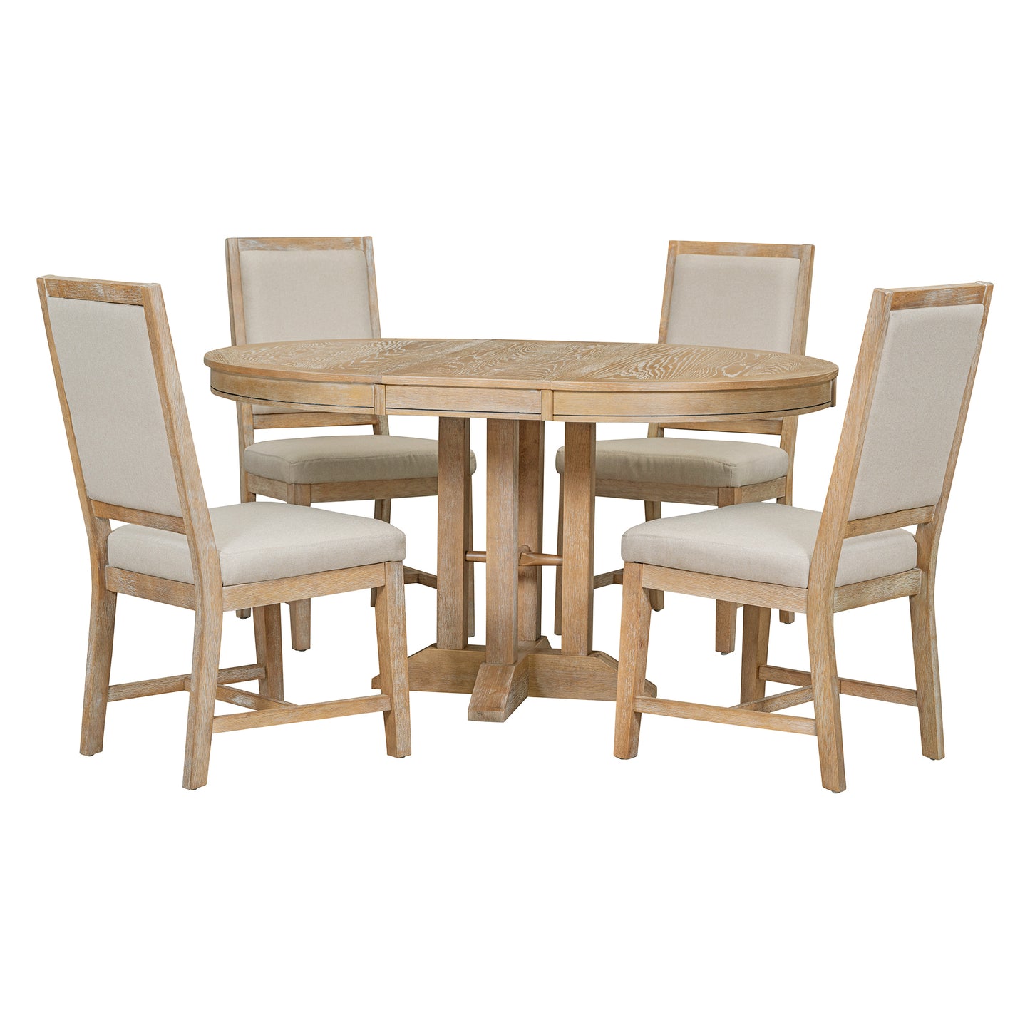 Natural 5-Piece Extendable Round Table and 4 Upholstered Chairs