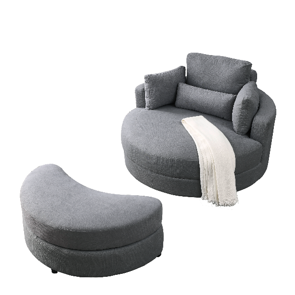 Grey Linen Swivel Accent Barrel Chairs with Storage Ottomans