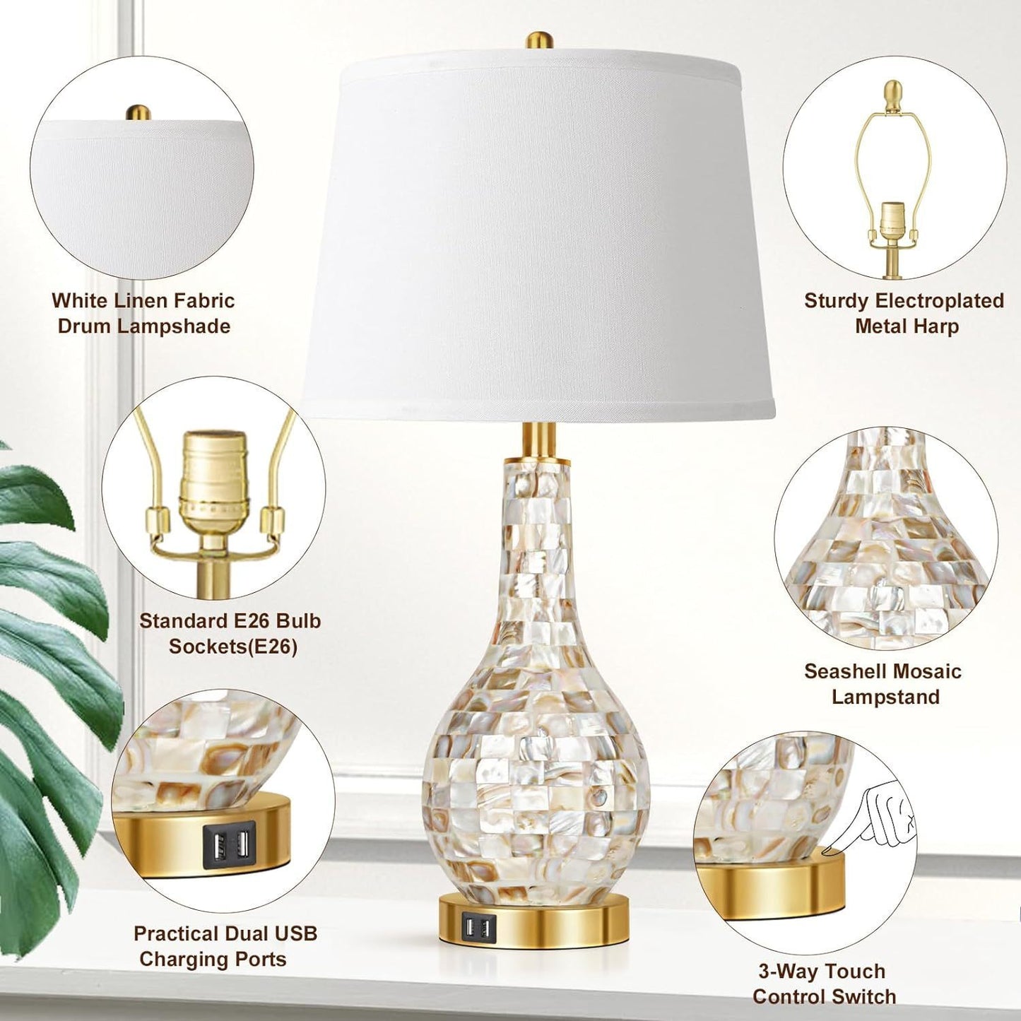 Golden Shell 3-Way Table Lamp Set of 2