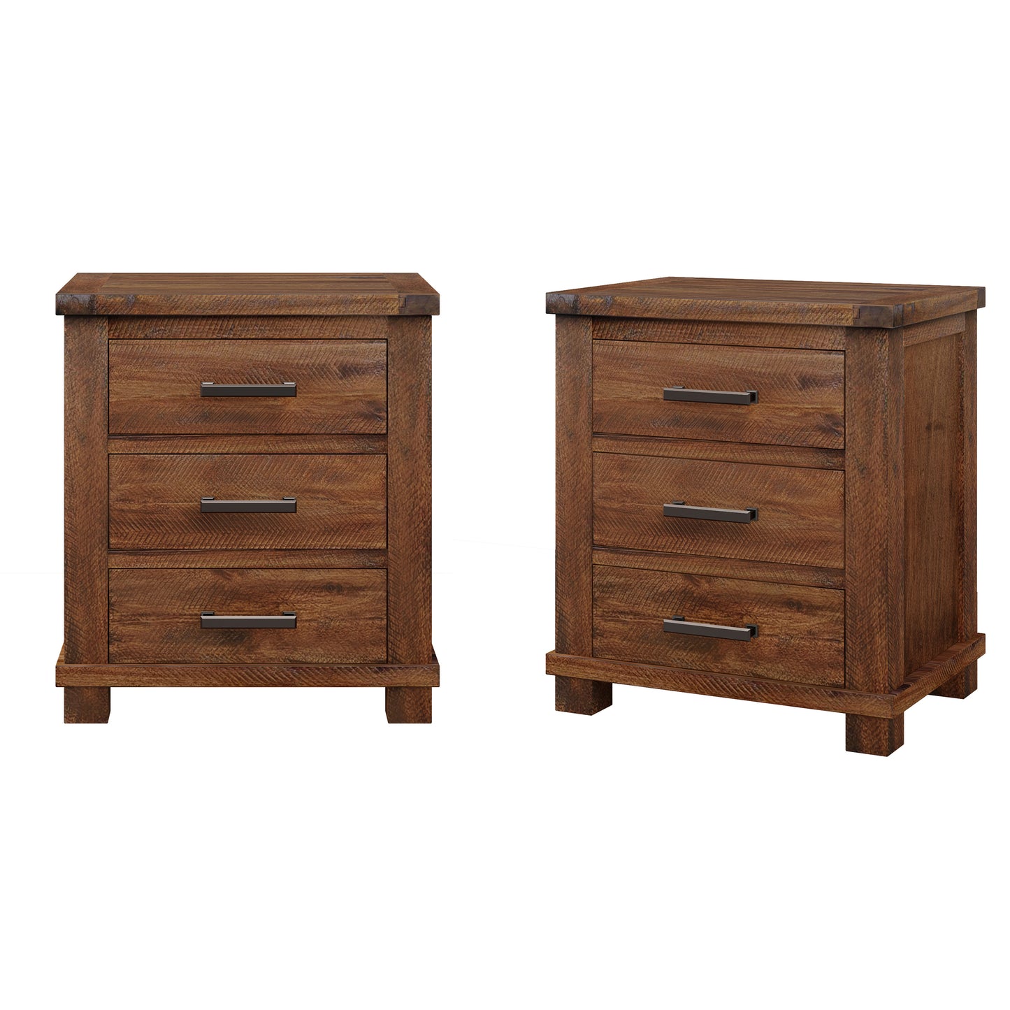 Rustic Three Drawer Reclaimed Solid Wood Farmhouse Nightstand Set of Two