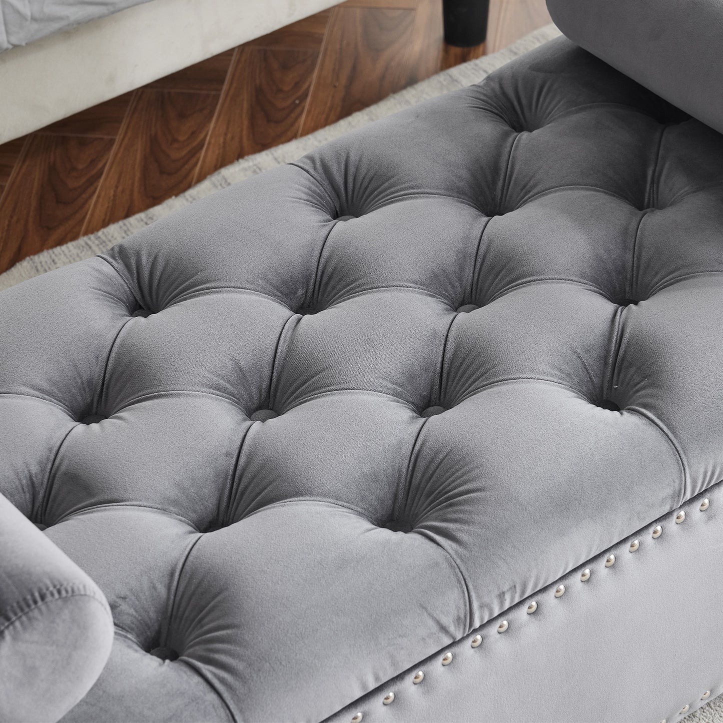 Gray Velvet Button Tufted Storage Bench