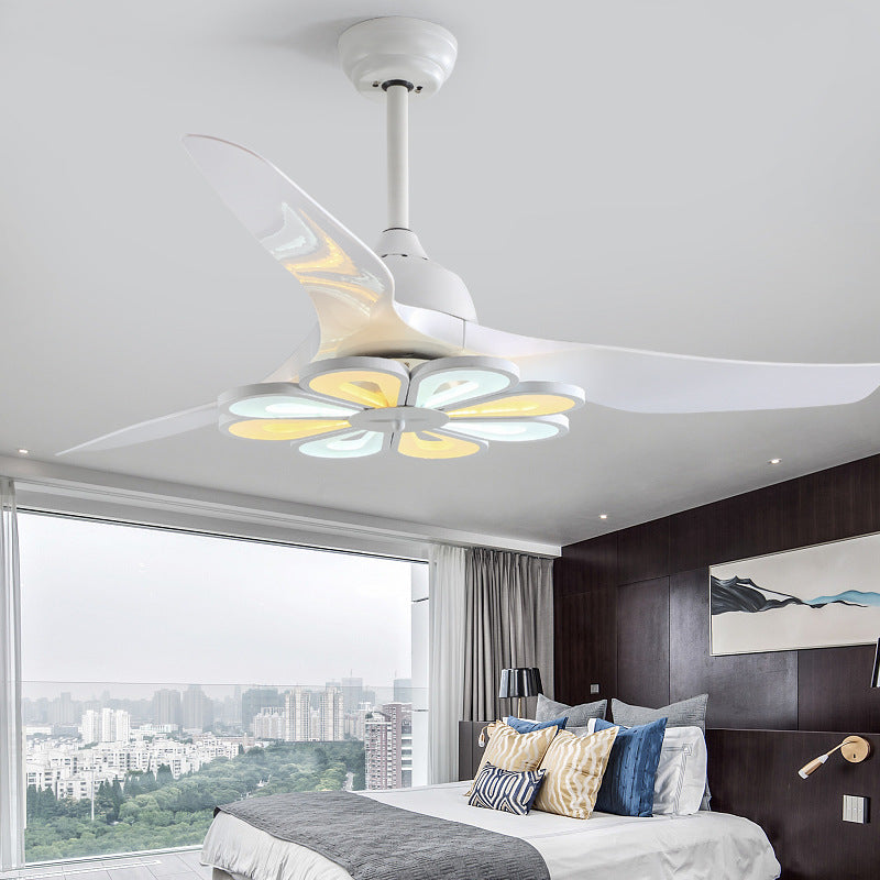 White Nordic Modern Simple Frequency Conversion Ceiling Fan with Flower Light