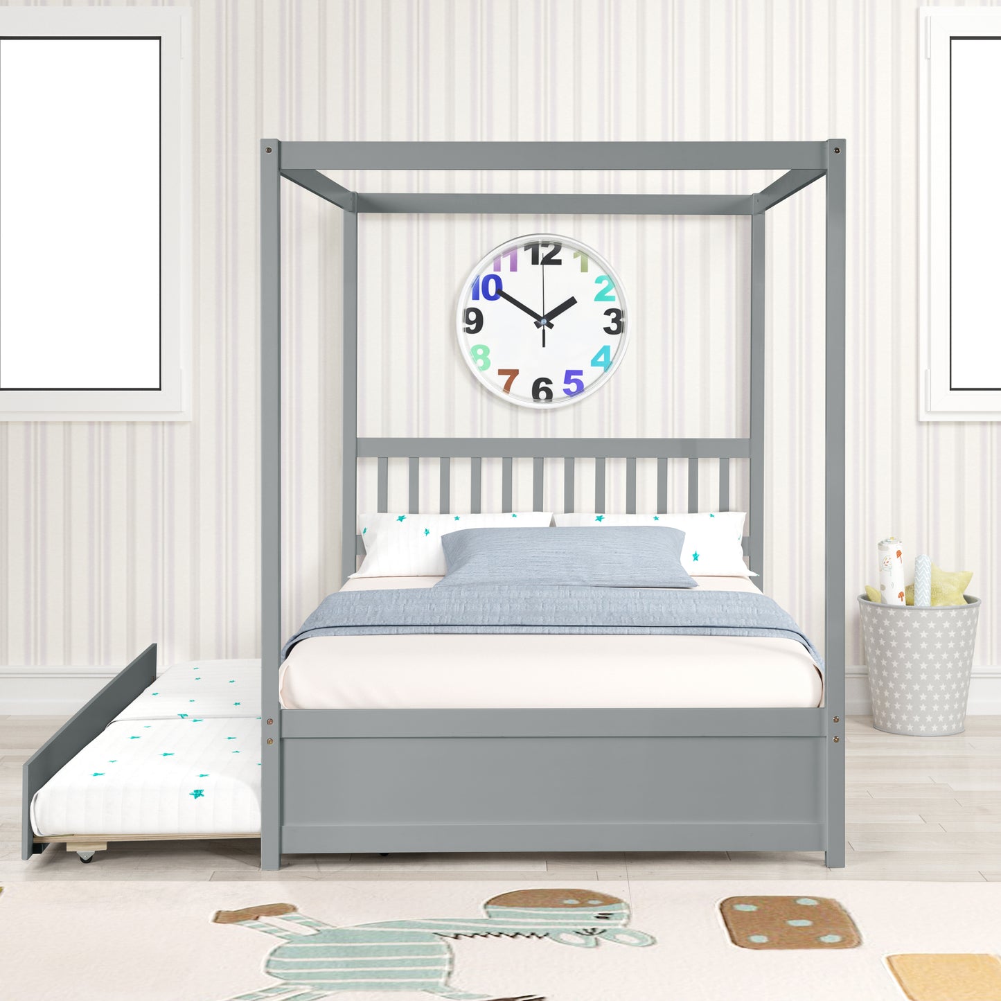 Grey Full Size Canopy Bed with Twin Trundle