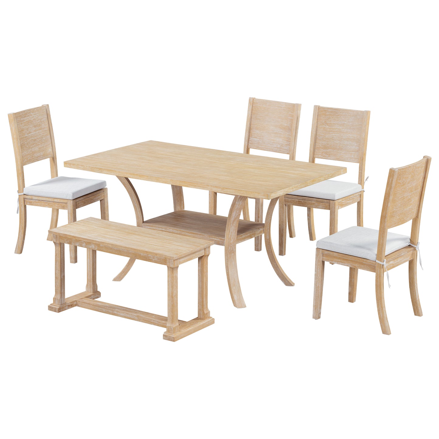 Modern Style 6-Piece Light Wood Dining Set with Storage Shelf