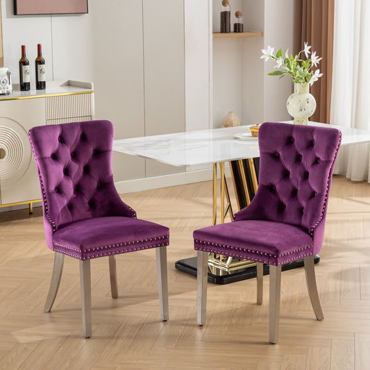 Purple High-End Button Tufted Velvet Dining Chair with Chrome Legs Set of 2