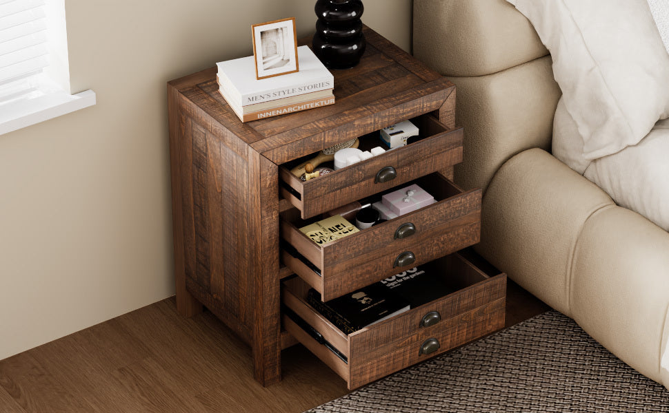 Rustic 3-Drawer Pine Wood Nightstand