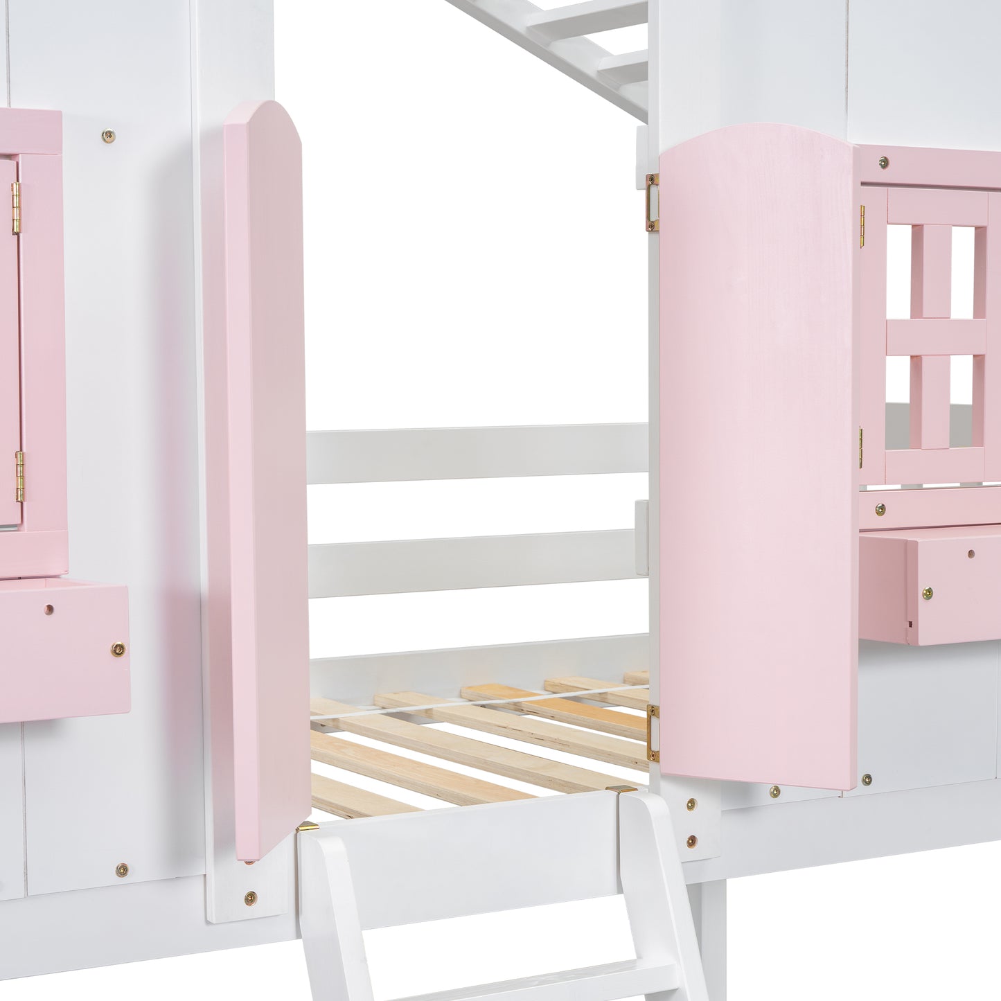 Sweet White and Pink Twin Play House Bunk Bed