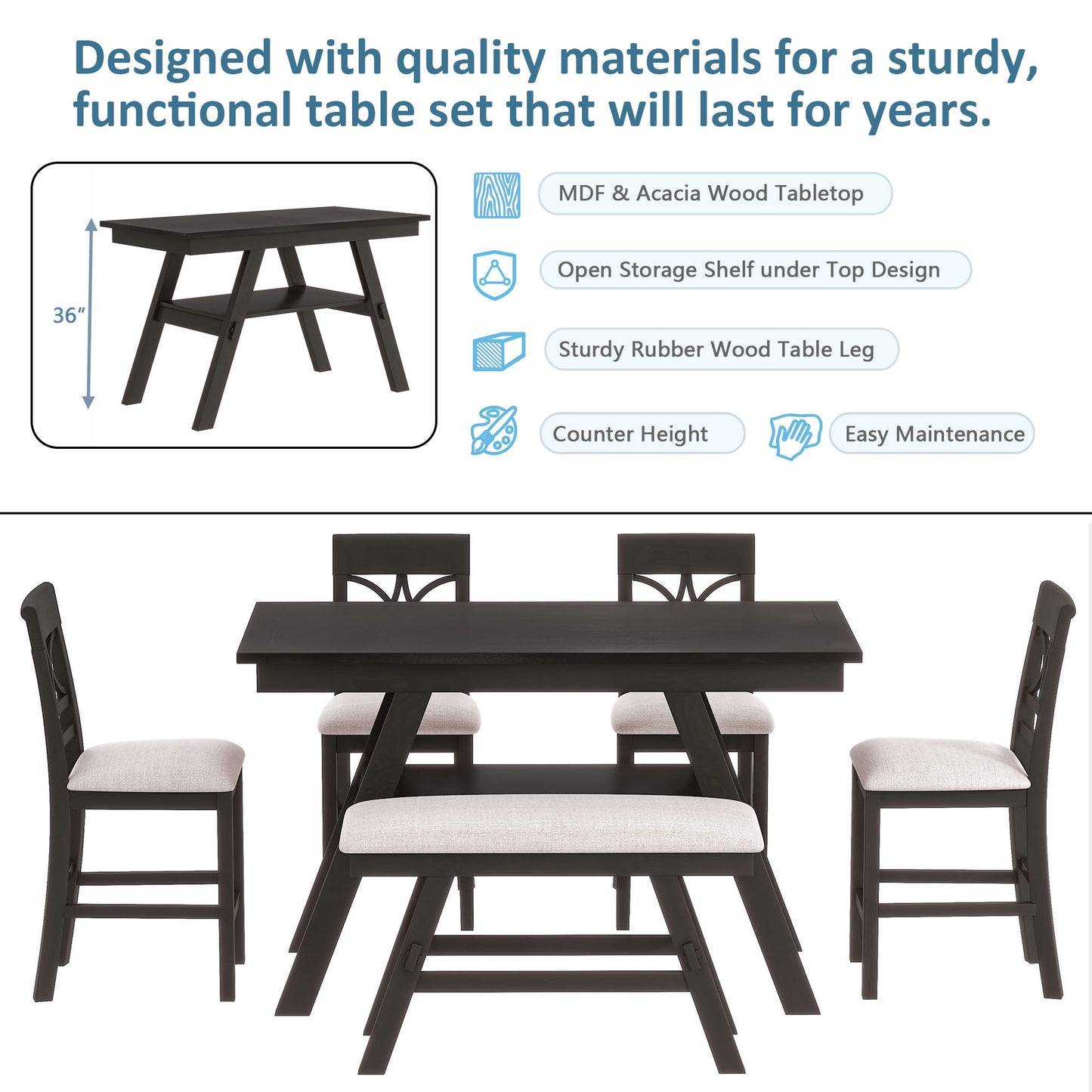 Espresso & Beige 6-Piece Counter Height Dining Set