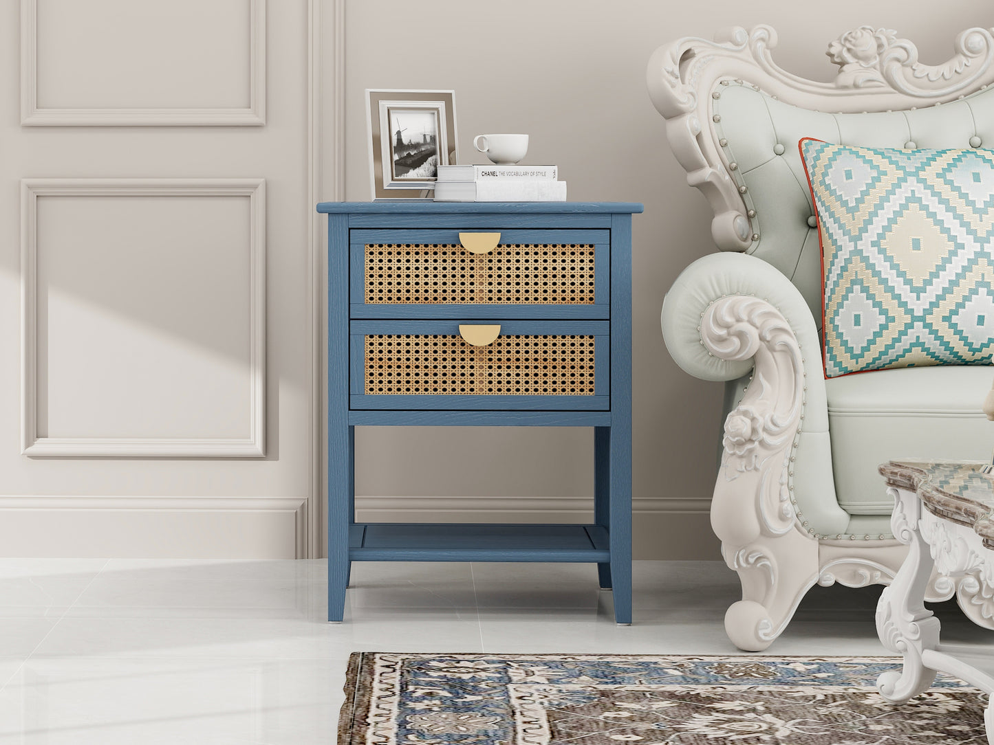 Blue Rattan 2 Drawer Side Table