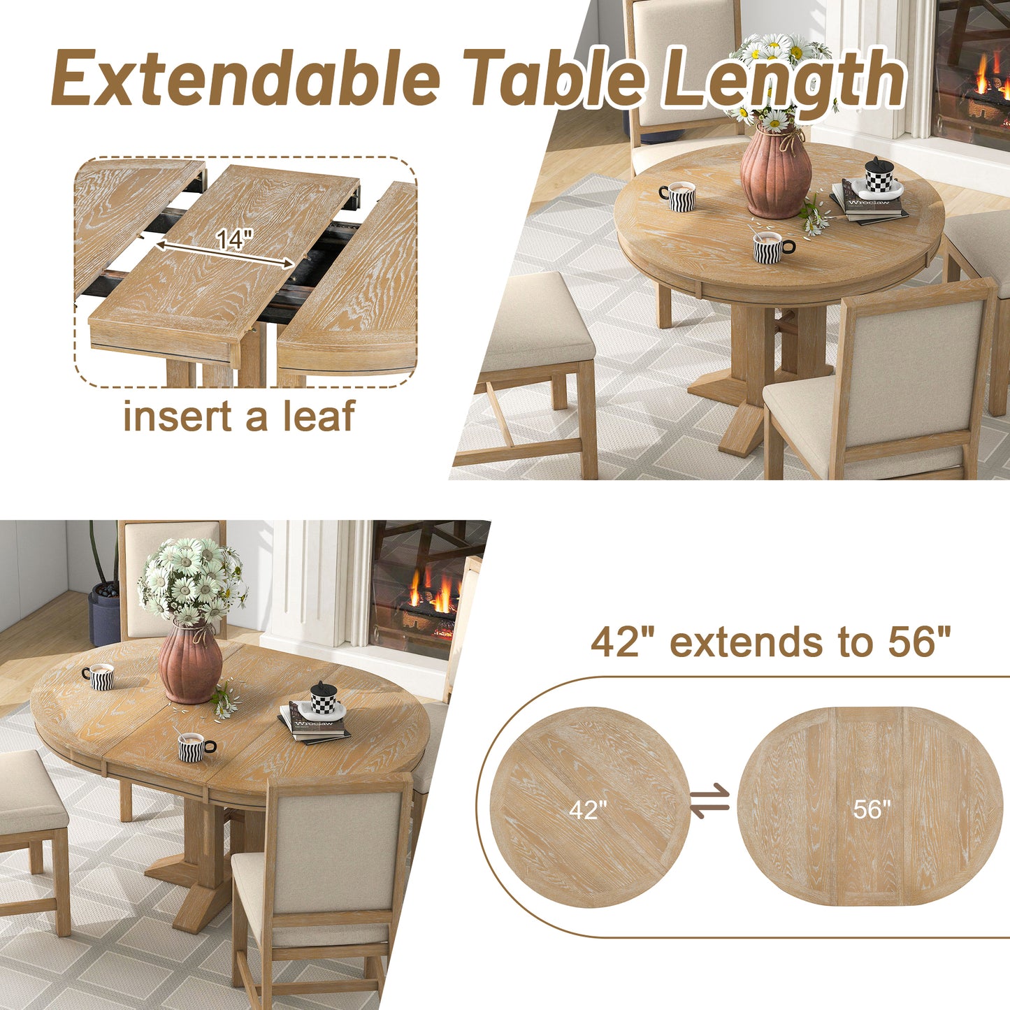 Natural 5-Piece Extendable Round Table and 4 Upholstered Chairs