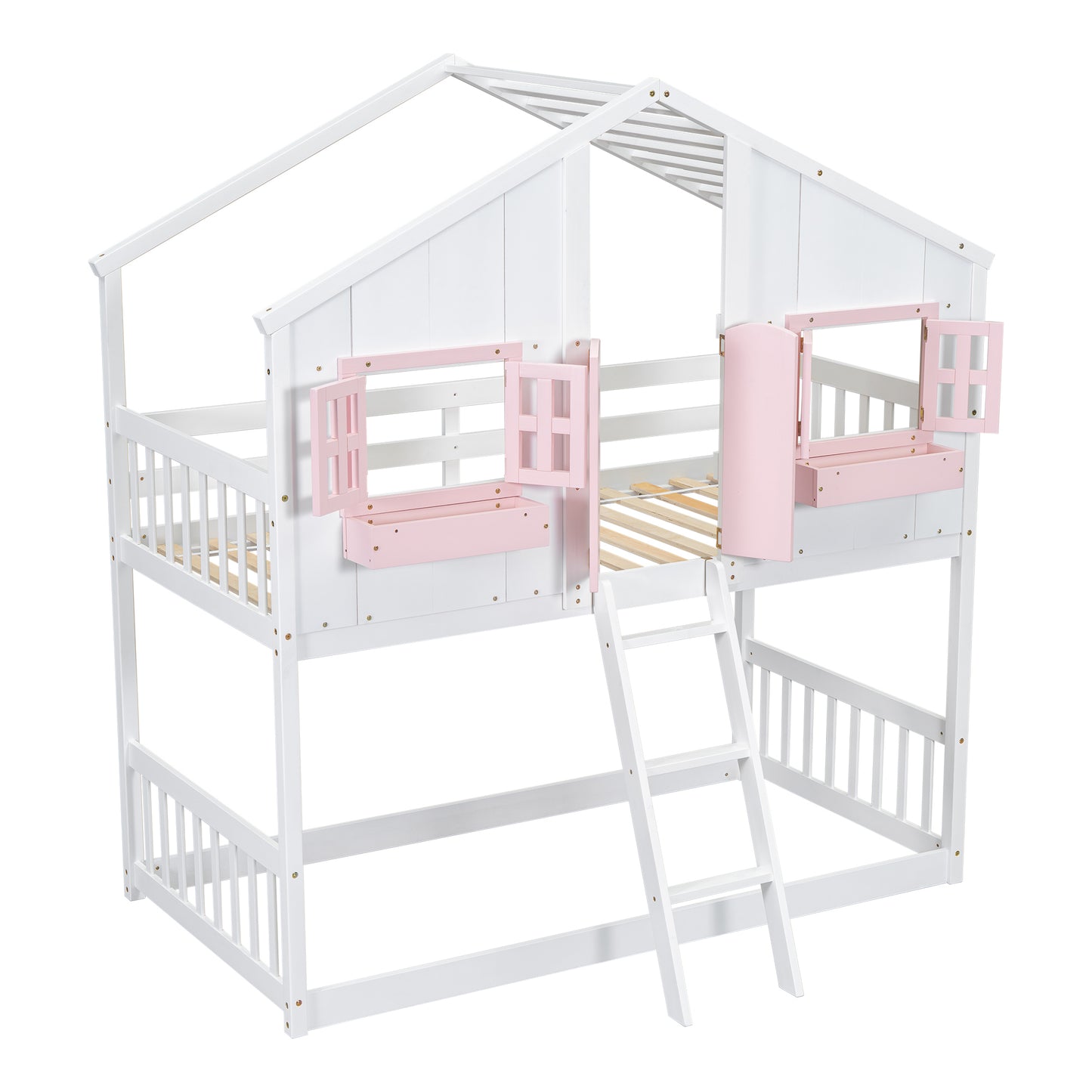 Sweet White and Pink Twin Play House Bunk Bed