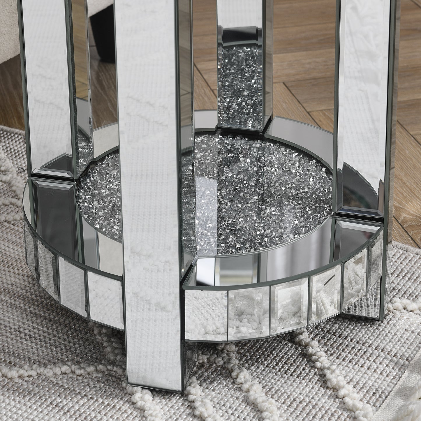 Round Mirrored End Table with Crystal Inlay