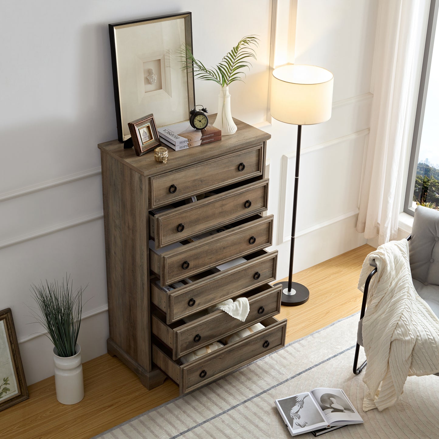 Modern Light Wood 6 Drawer Tall Dresser