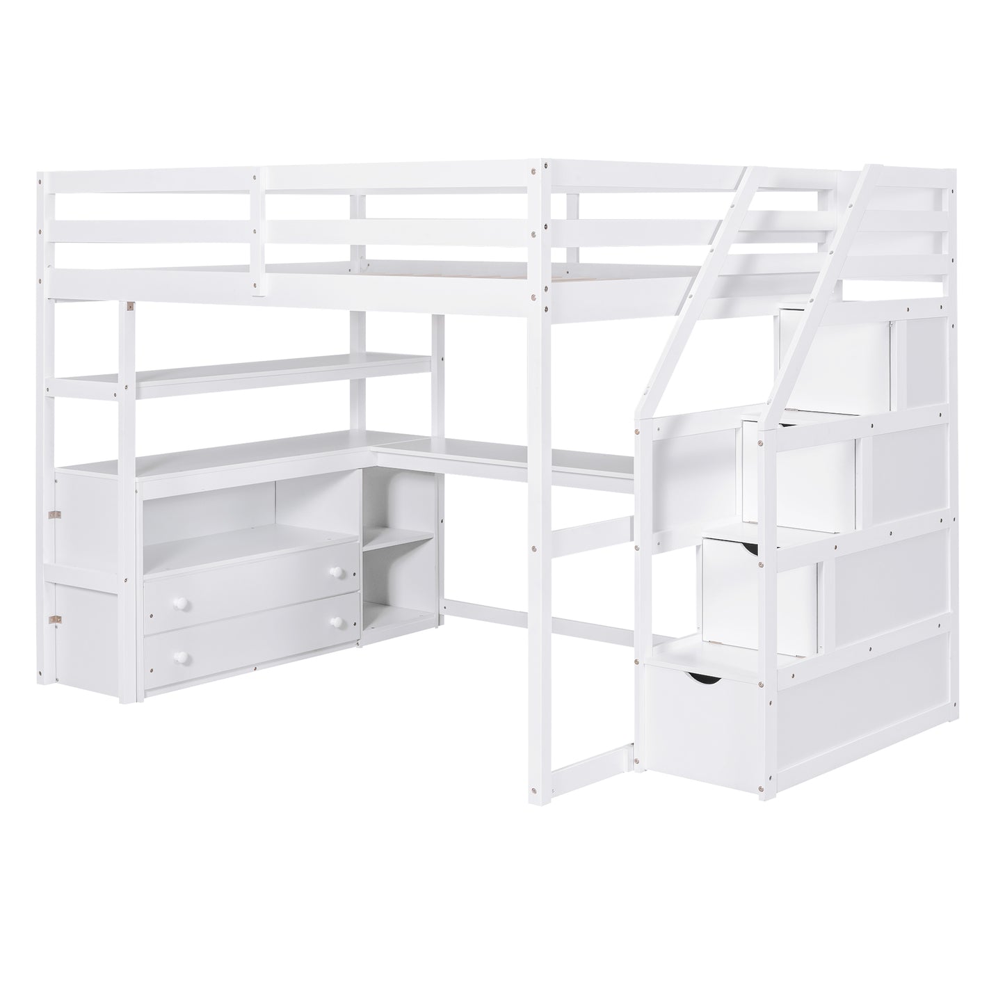 White Full Size Loft Bed with Desk, Shelves, and Built-in Drawers