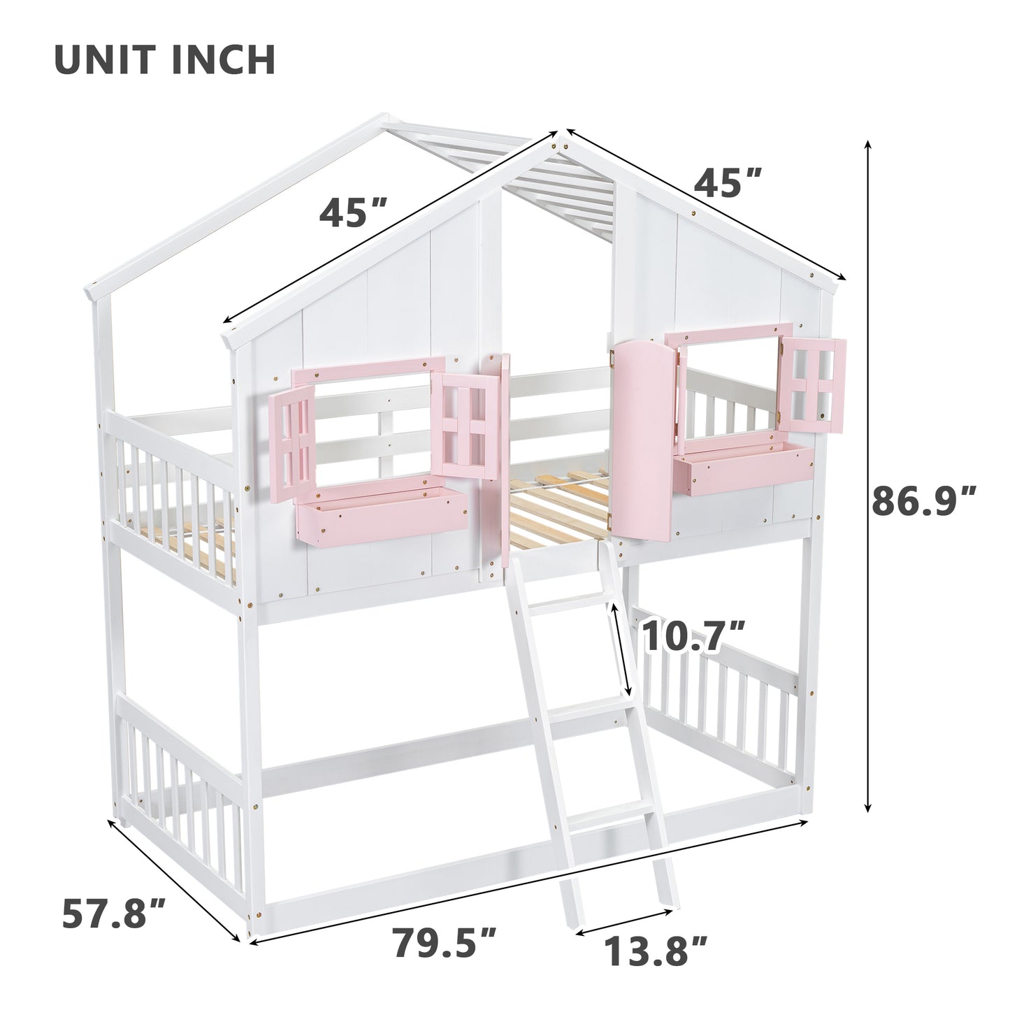 Sweet White and Pink Twin Play House Bunk Bed