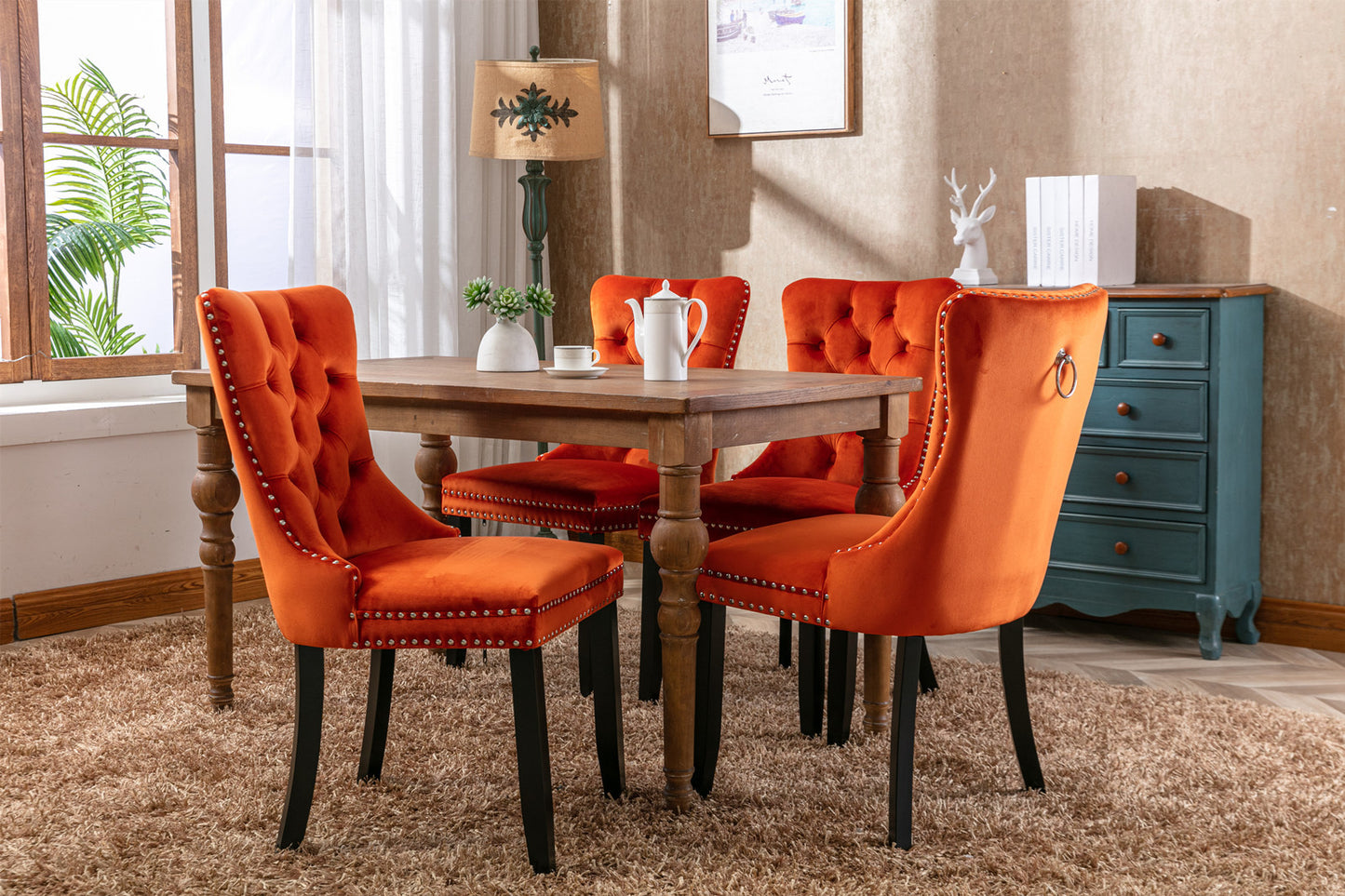 High-End Orange Button Tufted Velvet Dining Chairs 2-Pcs Set