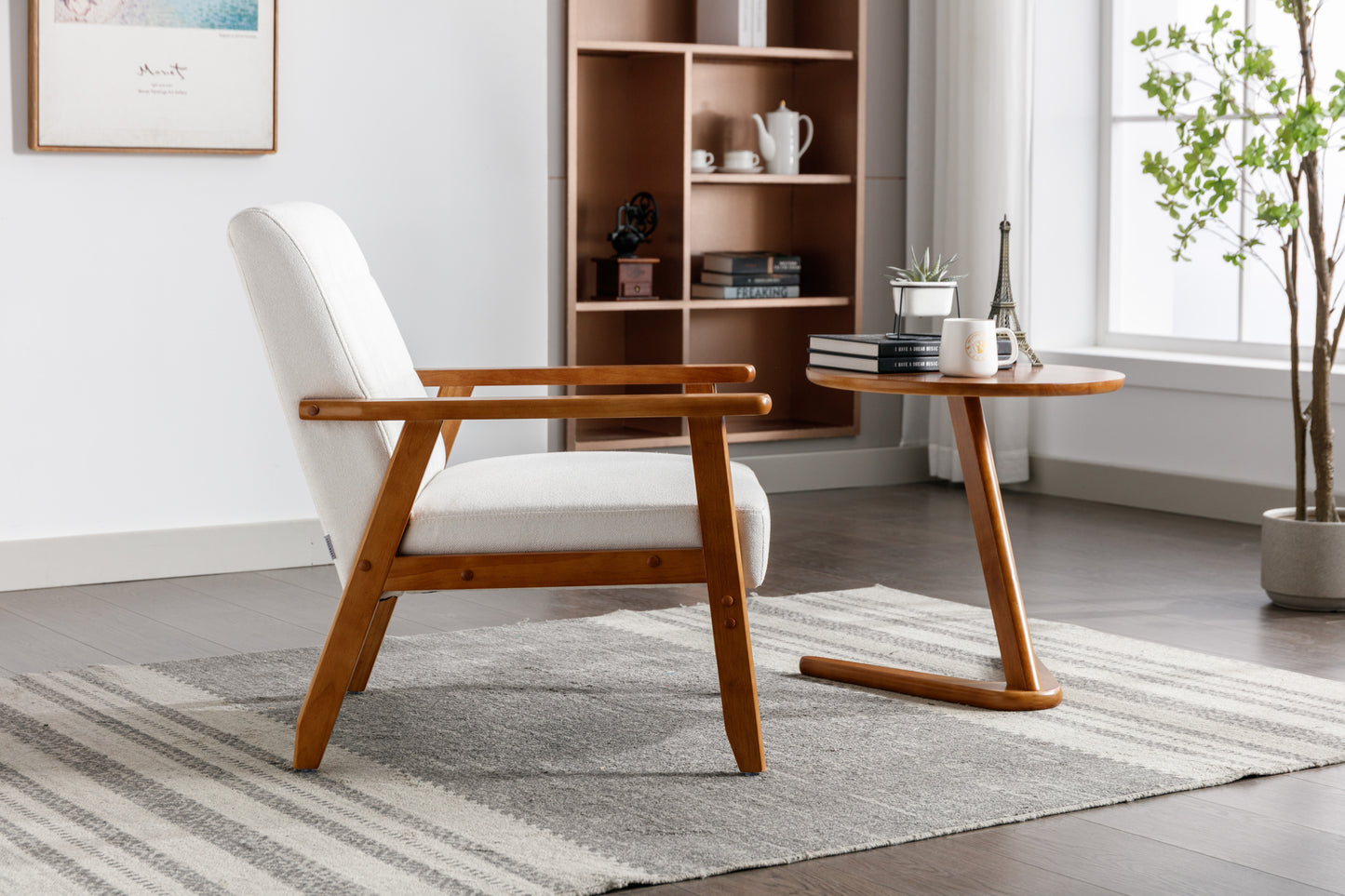 White Cushioned Rubberwood Accent Chair and Table