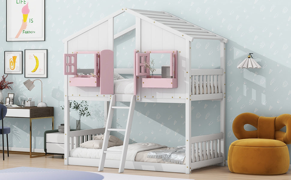 Sweet White and Pink Twin Play House Bunk Bed