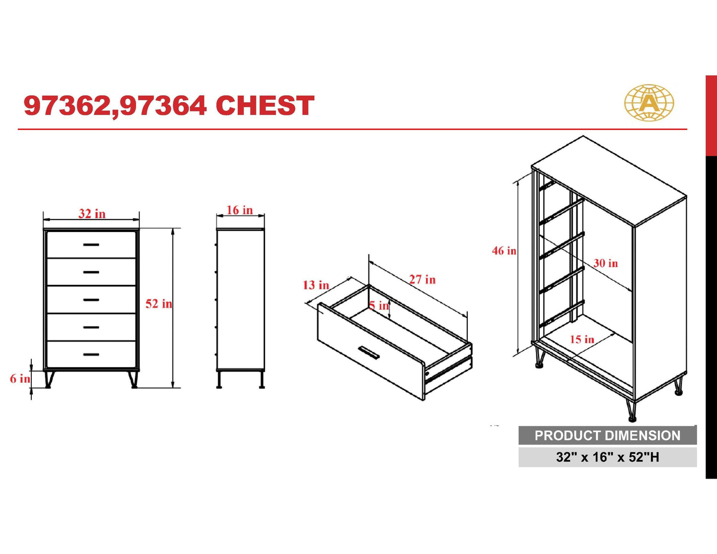 White Deoss 5 Drawer Tall Chest