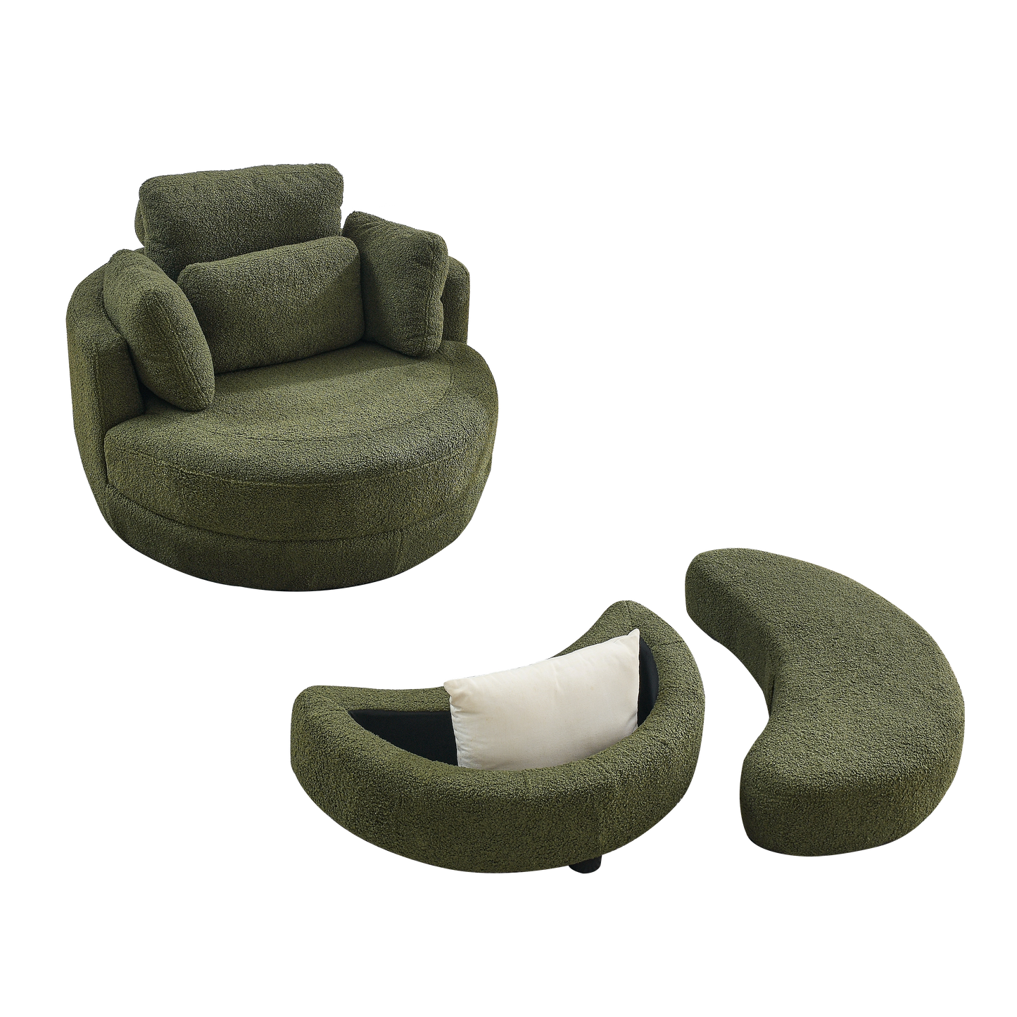 Oversized Round Green Swivel Chair with Wrap Around Storage Ottoman