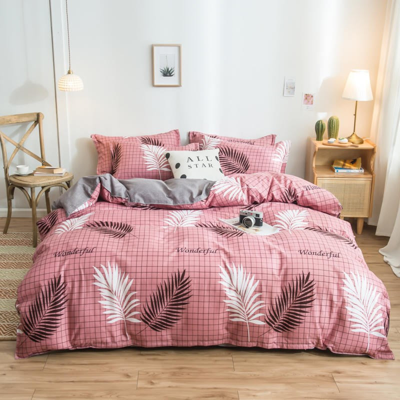 Pink Grid Leaf Floral Quilt Duvet