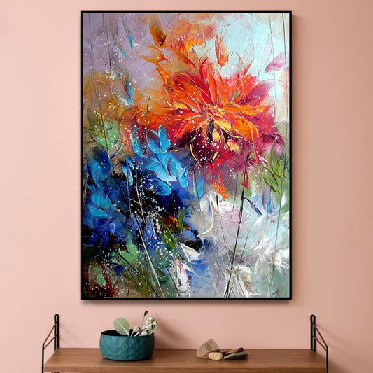 Abstract Watercolor Blue Orange Flower Canvas