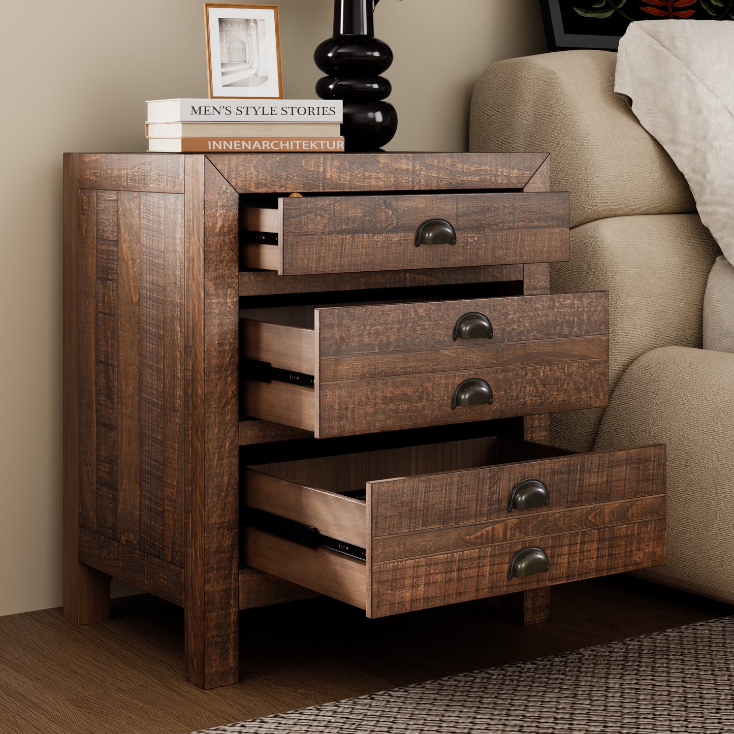 Rustic 3-Drawer Pine Wood Nightstand