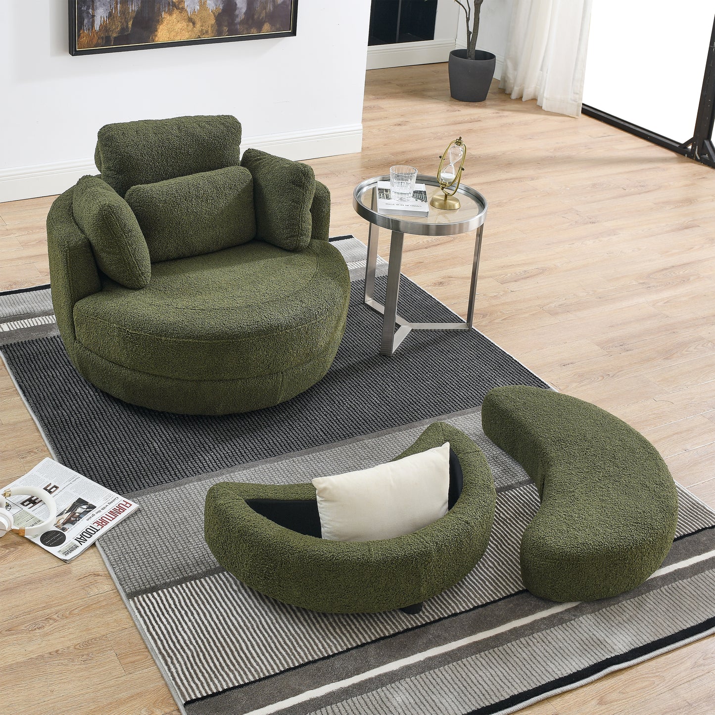 Oversized Round Green Swivel Chair with Wrap Around Storage Ottoman