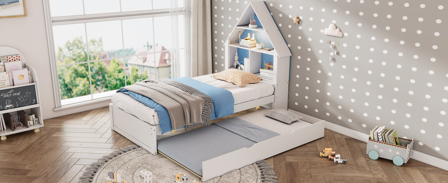 White & Blue House-Shaped Twin Bed with Bookcase Headboard