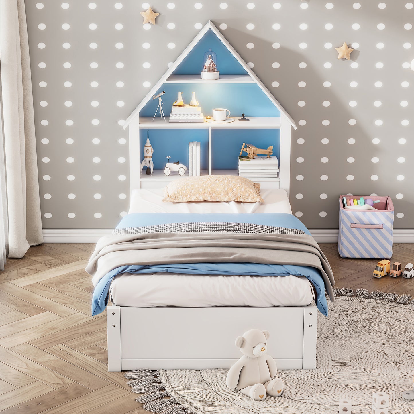 White & Blue House-Shaped Twin Bed with Bookcase Headboard