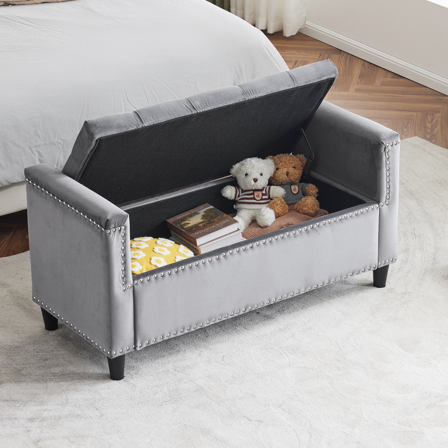 Gray Velvet Button Tufted Storage Bench