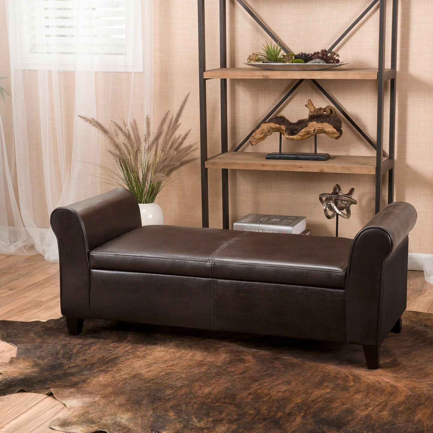 Brown PU Leather Storage Bench