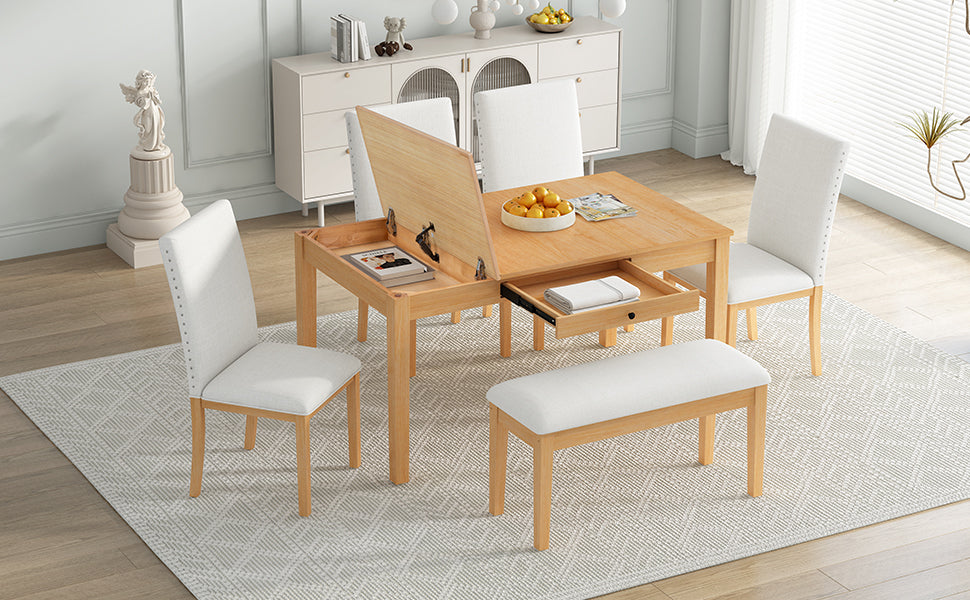 Natural Rubberwood 6-Piece Dining Table Set with Storage