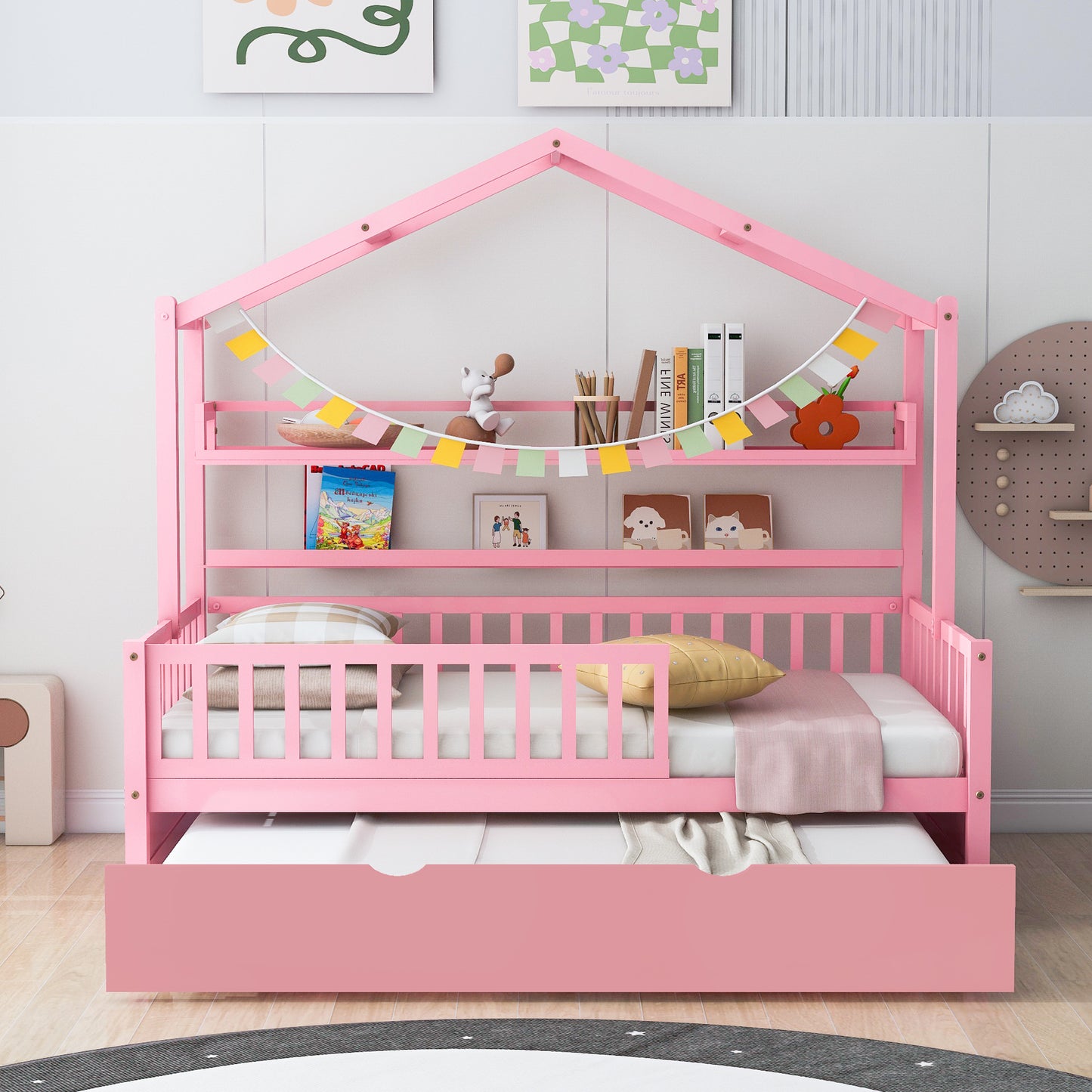 Pink Wooden Twin Size House Bed