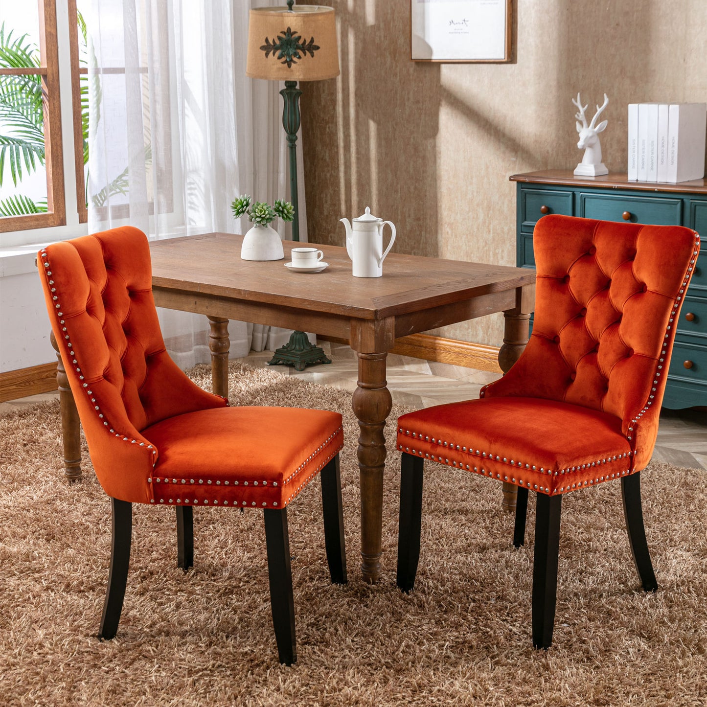 High-End Orange Button Tufted Velvet Dining Chairs 2-Pcs Set