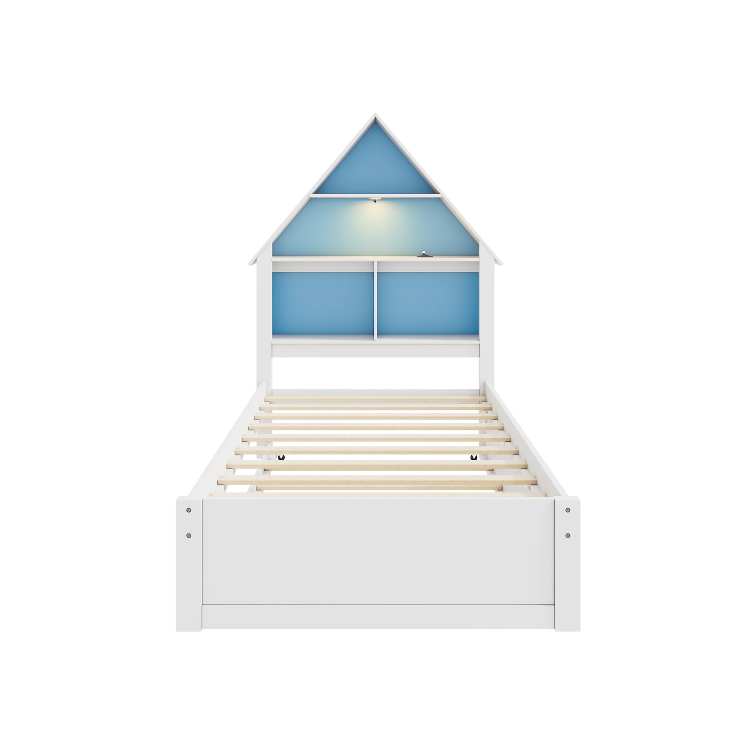 White & Blue House-Shaped Twin Bed with Bookcase Headboard