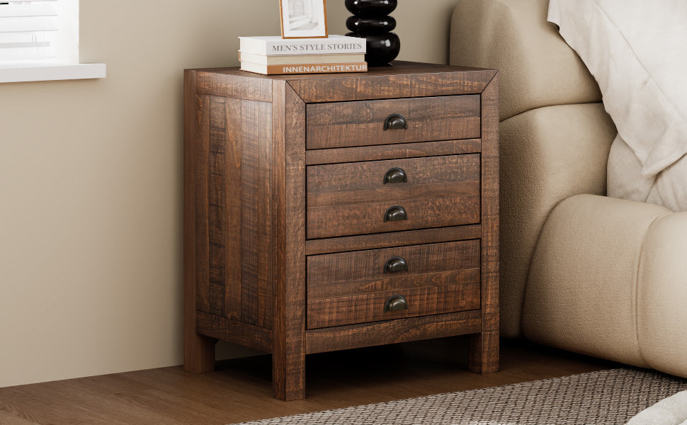 Rustic 3-Drawer Pine Wood Nightstand