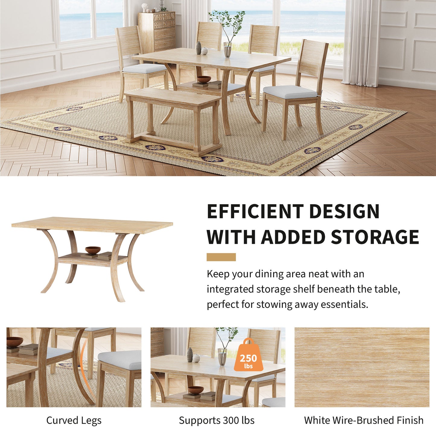 Modern Style 6-Piece Light Wood Dining Set with Storage Shelf