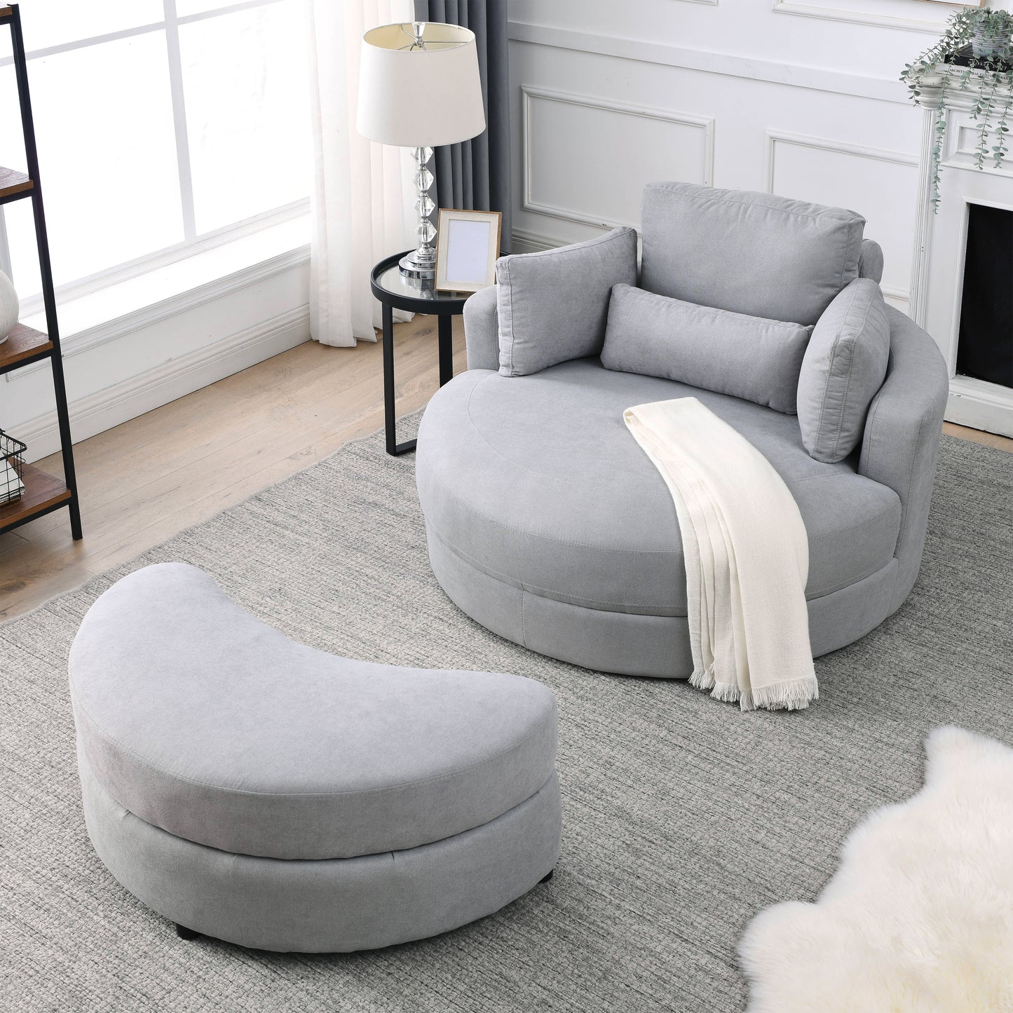 Grey Linen Swivel Accent Barrel Chair with Storage Ottoman