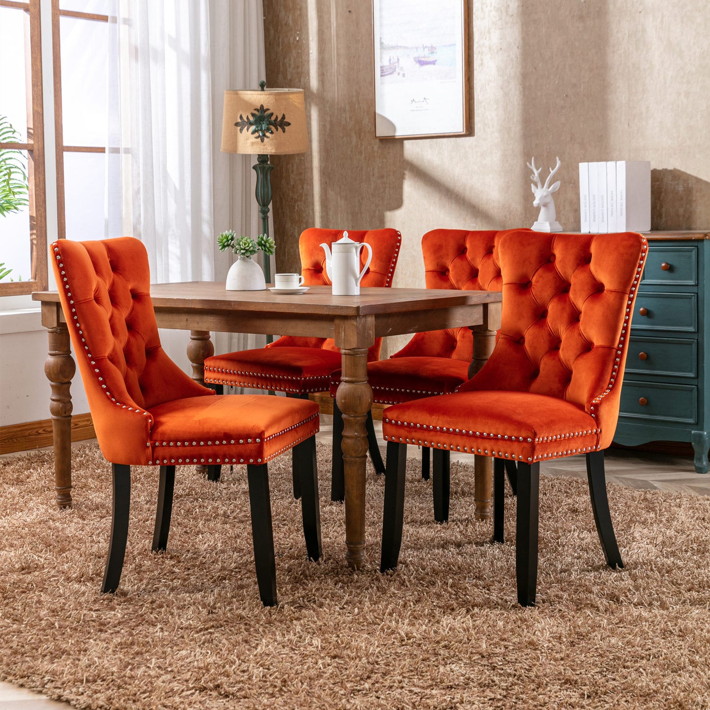 High-End Orange Button Tufted Velvet Dining Chairs 2-Pcs Set