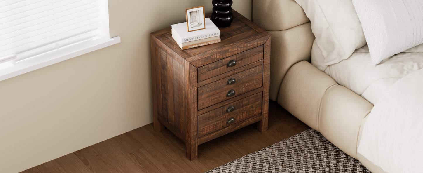 Rustic 3-Drawer Pine Wood Nightstand