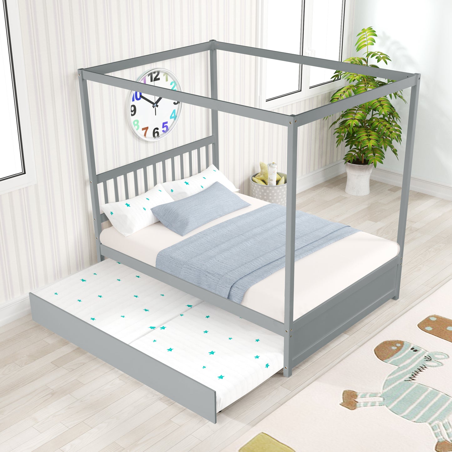 Grey Full Size Canopy Bed with Twin Trundle