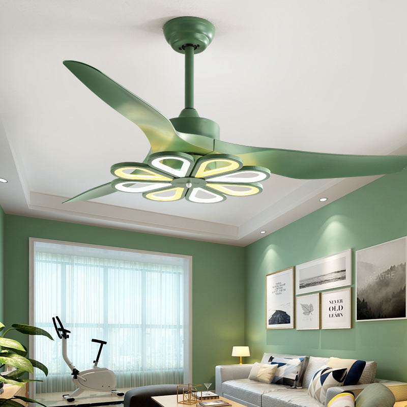 Green Nordic Modern Simple Frequency Conversion Ceiling Fan with Flower Light