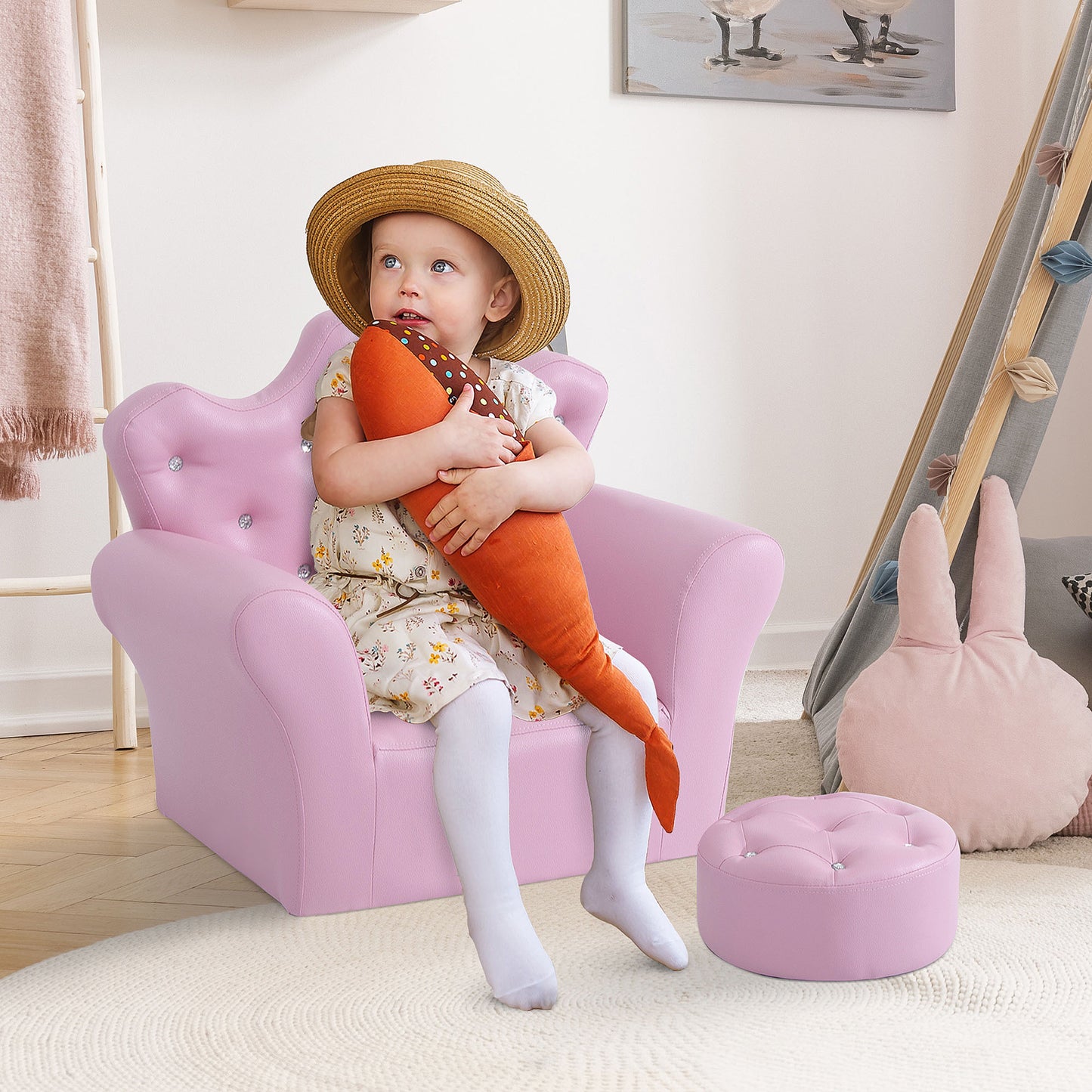 Pink Princess Upholstered Chair with Footstool