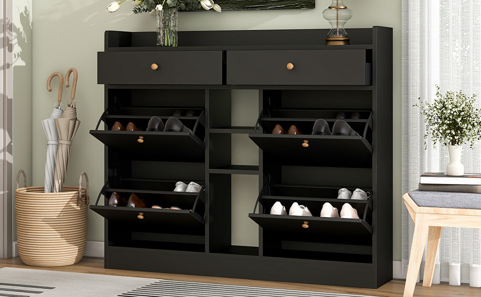 Tall Black Shoe Cabinet with 4 Flip Drawers